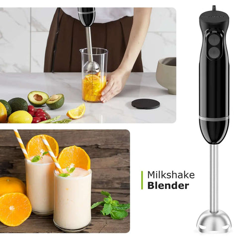 Slick 3 In 1 Immersion Blender Featuring Quick Adjust Speeds And A Heavy Lifter Motor Backed By Stainless Blades blending fruit.