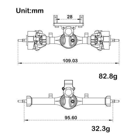 Technical drawing of Beefed Up 5mm ISO V2 SCX24 Axles With 3 Section CVD For Axial 1/24 RC Crawler Black, showing dimensions in mm.