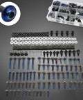 Motorcycle Fairing Bolt Kit With 195 Piece Fastener Set Clips And Screws Universal Fit 304 Stainless Steel Rust Resistant Burnt Blue Finish laid out
