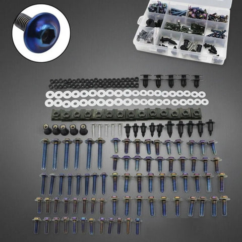 Motorcycle Fairing Bolt Kit With 195 Piece Fastener Set Clips And Screws Universal Fit 304 Stainless Steel Rust Resistant Burnt Blue Finish laid out