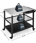 Outdoor Grill Cart 36 Inch Stainless Steel Pizza Oven Table With Lockable Wheels Hooks Adjustable Mesh Side Tray For Seasonings And Tools Paper Towel Holder Mobile BBQ Island Grillin Ready with 3-position mesh rack and dimensions displayed.