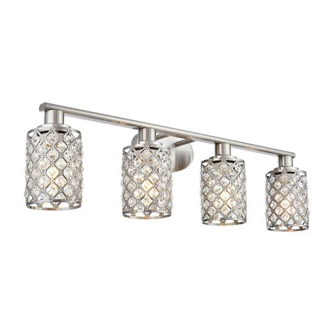 4 Light Vanity Light Fixture in Brushed Nickel With Crystal Shade, Modern Farmhouse Style Over Mirror for Bathroom Powder Room