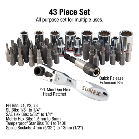 Handy 1/4 Inch Drive Dual Flex Head Ratchet Set With Sockets And Bits 44 Piece 72 Tooth CR-V Spline Sockets displayed