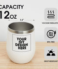 Personalized Custom Wine Tumbler Printed Stateside 12 Oz Top Tier Stainless Steel with dimensions and features displayed.