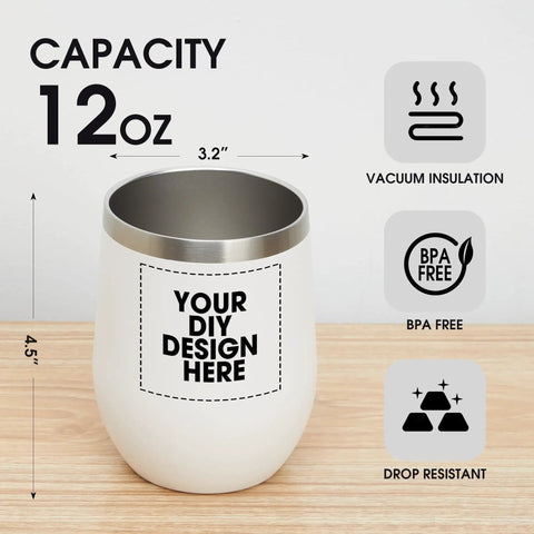 Personalized Custom Wine Tumbler Printed Stateside 12 Oz Top Tier Stainless Steel with dimensions and features displayed.