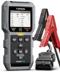 All In One OBD2 Scanner And Battery Tester For All OBDII Cars showing diagnostic interface and battery clamps