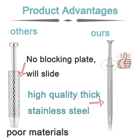 Comparison of two piercing tools, highlighting our high quality thick stainless steel design against others' poor materials.