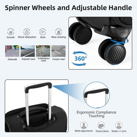 HanTrip 16-inch black softside underseat carry-on luggage with spinner wheels and adjustable trolley handle.