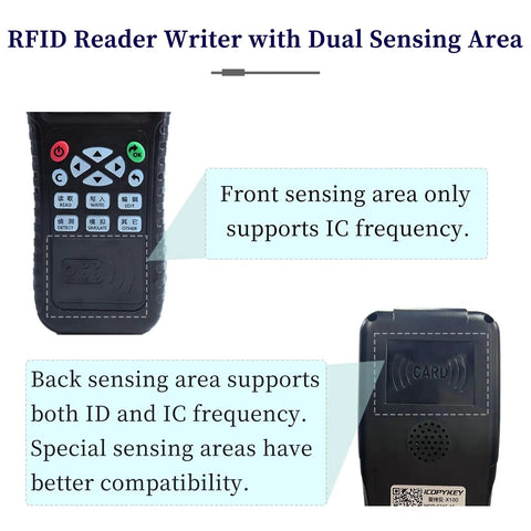 X100 RFID Reader Writer All In One Multi Frequency Copier showing dual sensing areas for IC and ID compatibility