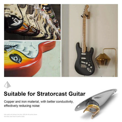Slick Chrome Boat Style Guitar Output Jack Plate For Mono Electric Tone With Tight Grip Mounting Screws Solid Build Dope Finish Fender Strat Ready Hassle Free Upgrade mounted on Stratocasters.