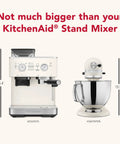 Semi Automatic Espresso Machine With Built In Burr Grinder And Smart Dosing Tech For Smooth One Or Two Shot Pulls Sturdy Metal Body In Porcelain White beside KitchenAid Stand Mixer for size comparison.
