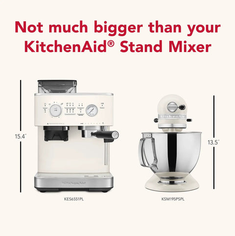 Semi Automatic Espresso Machine With Built In Burr Grinder And Smart Dosing Tech For Smooth One Or Two Shot Pulls Sturdy Metal Body In Porcelain White beside KitchenAid Stand Mixer for size comparison.