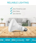 12 Pack BR30 LED Flood Light Bulbs With 65W Equivalent And 10W Low Power, dimmable bulb on wooden table, living room background