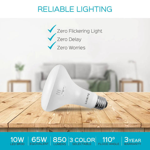 12 Pack BR30 LED Flood Light Bulbs With 65W Equivalent And 10W Low Power, dimmable bulb on wooden table, living room background