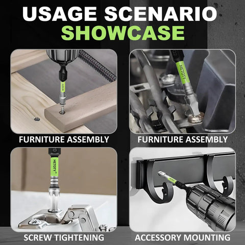 Impact Screwdriver Bit Set With Magnetic Bits 52 Piece Kit Includes Magnetizer Extension Rod And Wrench For Every Reach Four In One Length System 1 Inch 2 Inch 3 Inch 6 Inch For Electronics General Use And Deep Frames shown in use for furniture assembly and accessory mounting.