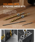 HSS drill bits and square drive bits for Pocket Hole Jig Kit For Strong Joints With Adjustable Drill Guides, shown on table.