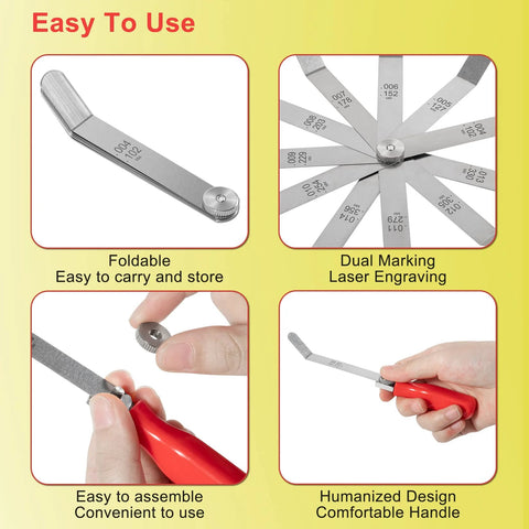 A308 offset valve tappet gauge set with 11 foldable feeler blades, two ergonomic handles, laser scales (0.004–0.014 in).