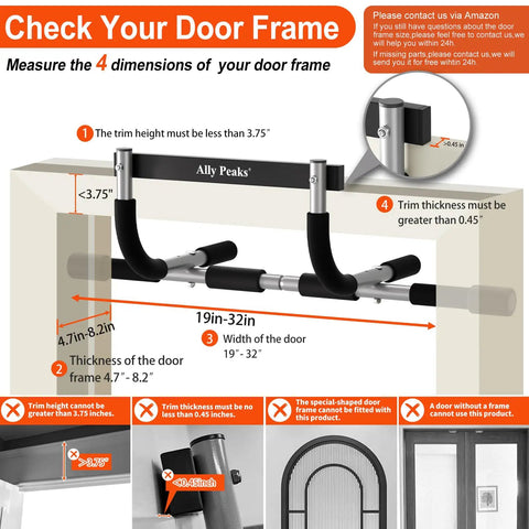 Image showing dimensions for installing Super Heavy Duty Doorway Pull Up Bar Beast with measurements for door frame fit.
