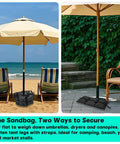 Set of Four Canopy Weights Sand Bags, Heavy Duty 420D Oxford Tent Weights in use on beach and patio with umbrella