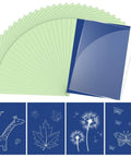 Dope Sun Print Cyanotype Kit With 30 Sheets Of Paper And Acrylic Panel For Nature Crafts, DIY Projects And Photography, Easy 3 Step Solar Printing Art Supplies Gift includes cyanotype sheets and acrylic panel with sample prints of giraffe, leaf, dandelions, and butterflies.