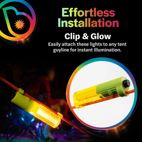 LED Tent String Lights For Guylines 4 Pack Bright Green Camping Lights, clip-on design on red guyline, night visibility.
