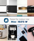 Rated indoor use appliances with text 'Max 1625W' like laptop, oven, printer, toaster, coffee maker, headphones, hair dryer.