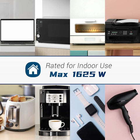 Rated indoor use appliances with text 'Max 1625W' like laptop, oven, printer, toaster, coffee maker, headphones, hair dryer.