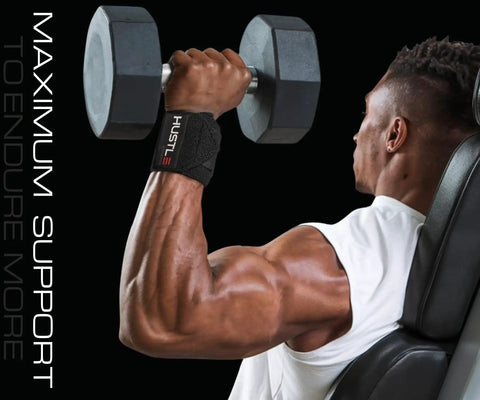 Man lifting dumbbell with weightlifting wrist wraps for heavier lifts 18 inch and 12 inch premium wrist support straps.