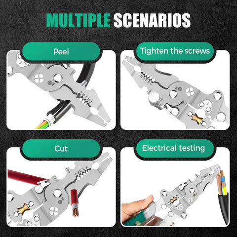 All In One 18 In 1 Foldable Wire Stripper With Voltage Detector used for peeling, tightening, cutting, and electrical testing