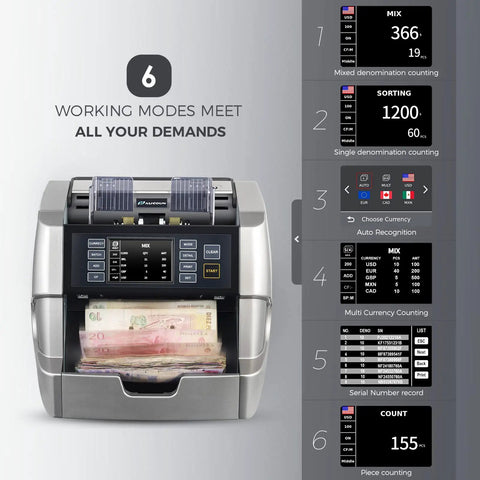 Bank Grade Money Counter For Mixed Denominations With Printer Enabled, Serial Number Tracking And Counterfeit Detection, 6 modes display