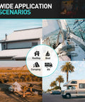 Collage showing rooftop, boat, camping site, and RV highlighting uses for Beefy Double Roller Catch Heavy Duty Spring Loaded Latch Pin Push To Open Door Lock For Trailers RV Cabinets Sheds Zinc Alloy Durable Quick Release Holder With Screws.
