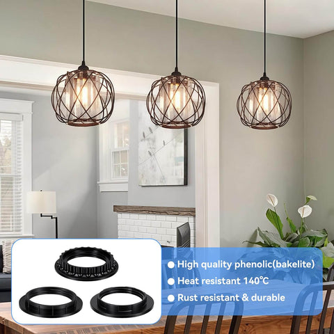 12 Pack E26 E27 Lamp Shade Rings Replacement Kit installed on pendant lights, black socket collar retaining rings, phenolic material.
