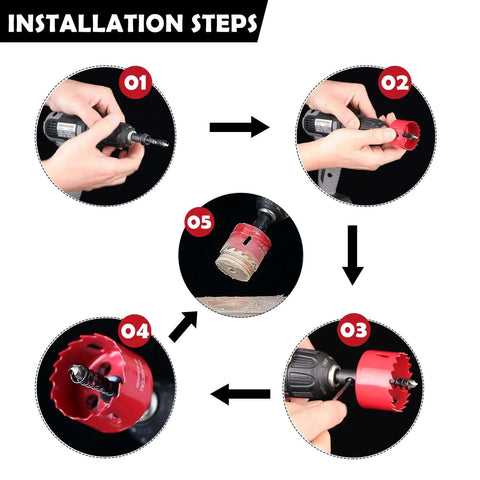 13-piece bi-metal hole saw kit with drill bits; installation steps diagram showing red hole saws