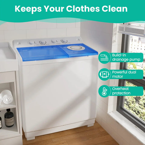 Dual Tub Portable Washing Machine With 30 Lb Wash Barrel And 18 Lb Spinner Drain Pump showcasing built-in drainage pump and control dials.