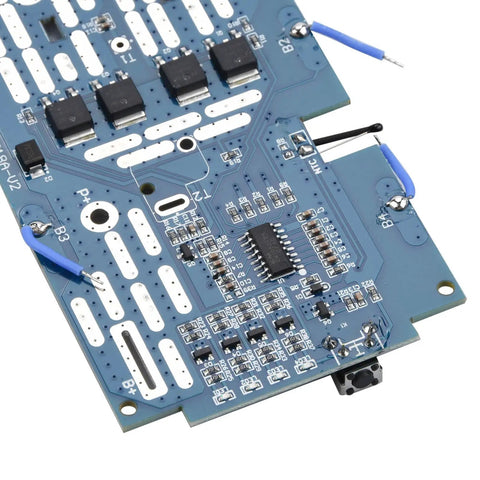 Close-up of built-in circuit PCB board for Rock Solid Battery Protection Shell with components for Ryobi 18V P103 P108 packs.