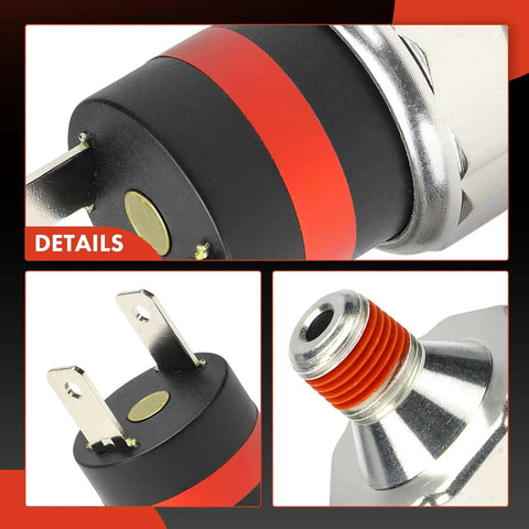 Close-up views of Low Air Pressure Indicator Switch Fits Freightliner Century Columbia, Two Pin Blade Terminal Direct Replacement.