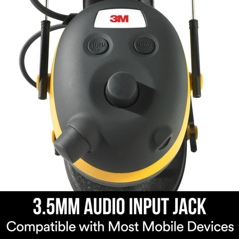 Top view of WorkTunes AM FM Hearing Protector With Built In Mic And High Fidelity Speakers, NRR 24 dB, showing 3.5mm audio input.