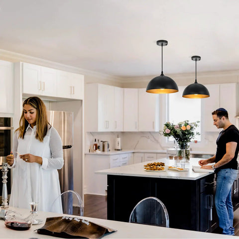 Two Pack Black And Gold Dome Farmhouse Pendant Lights For Kitchen Island And Dining Room hanging over kitchen island