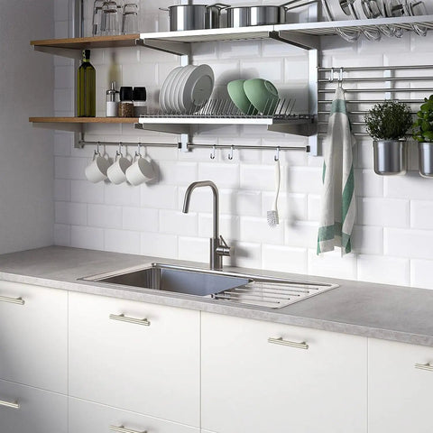 Modern kitchen with white cabinets and stainless steel sink featuring 12 Pack 5 Inch Kitchen Cabinet Handles Brushed Nickel Stainless Steel Cabinet Pulls for Cupboards 3 Inch Center to Center Holes Durable Easy Install Modern Kitchen Drawer and Door Hardware