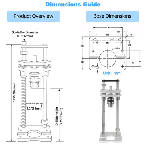 Dimensions guide of 300mm Stroke Drill Press Stand With 6061 Aluminum Alloy Vertical Drill Guide, showcasing measurements and structure.