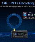 Mini Pocket Radio With Si4732 ATS All Band Receiver showing CW and RTTY decoding on 1.9 IPS screen with loop antenna.