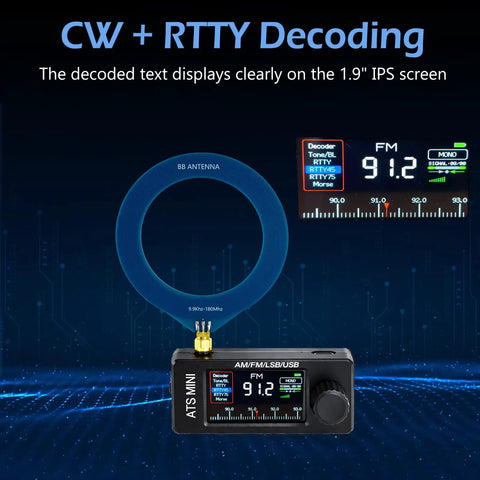 All Band Pocket Radio Receiver AM FM LSB USB CW RTTY with 800mAh battery featuring 1.9-inch display and ESD antenna protection.