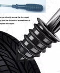 Universal 120 Piece Tire Repair Kit With Heavy Duty Rubber Nails No Sweat Screw In Puncture Plugs Includes Pro Pliers And Extractor For Fast Street Safe Fixes On Cars Trucks showing black tire repair plug being inserted into tire.