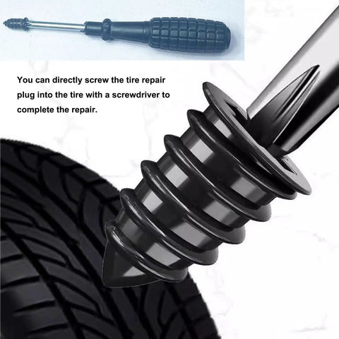 Universal 120 Piece Tire Repair Kit With Heavy Duty Rubber Nails No Sweat Screw In Puncture Plugs Includes Pro Pliers And Extractor For Fast Street Safe Fixes On Cars Trucks showing black tire repair plug being inserted into tire.