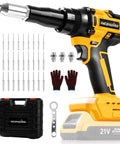 Heavy Duty Brushless Electric Rivet Gun Cranking Out 2698 Pounds Of Raw Power Cordless Rivet Tool with accessories and gloves.