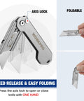 WorkPro 2-pack EDC folding utility knives with axis lock, belt clip, quick-change blades; includes 10 extra blades.