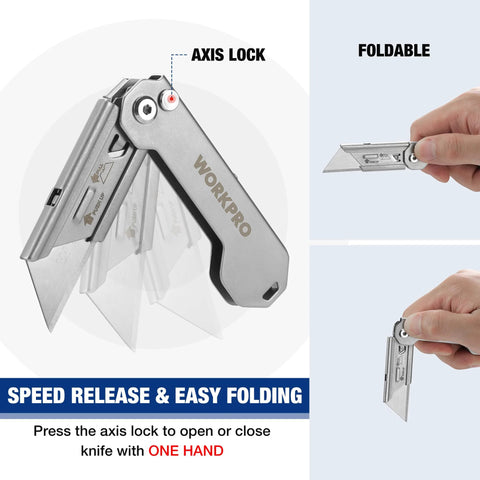 WorkPro 2-pack EDC folding utility knives with axis lock, belt clip, quick-change blades; includes 10 extra blades.