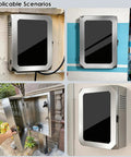 Rock Solid Outdoor EV Charger Lock Box Featuring Hella Reliable Tempered Glass Viewport Universal Wall Mount Enclosure securely mounted on various walls.
