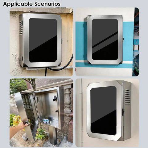 Rock Solid Outdoor EV Charger Lock Box Featuring Hella Reliable Tempered Glass Viewport Universal Wall Mount Enclosure securely mounted on various walls.