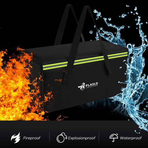 Stash Ready Large Fireproof Document Bag 24 By 12 By 12 Inches next to flames and water demonstrating fireproof and waterproof features